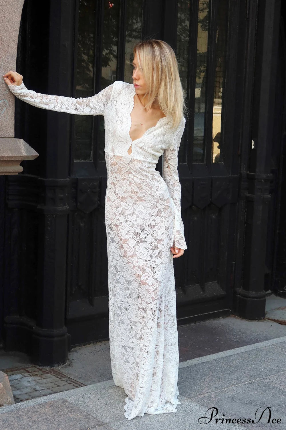 Jacquard Sheer Lace Sexy Bodycon Maxi Dress