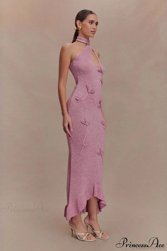 Knit Floral Ruffle Maxi Dress Pink / S