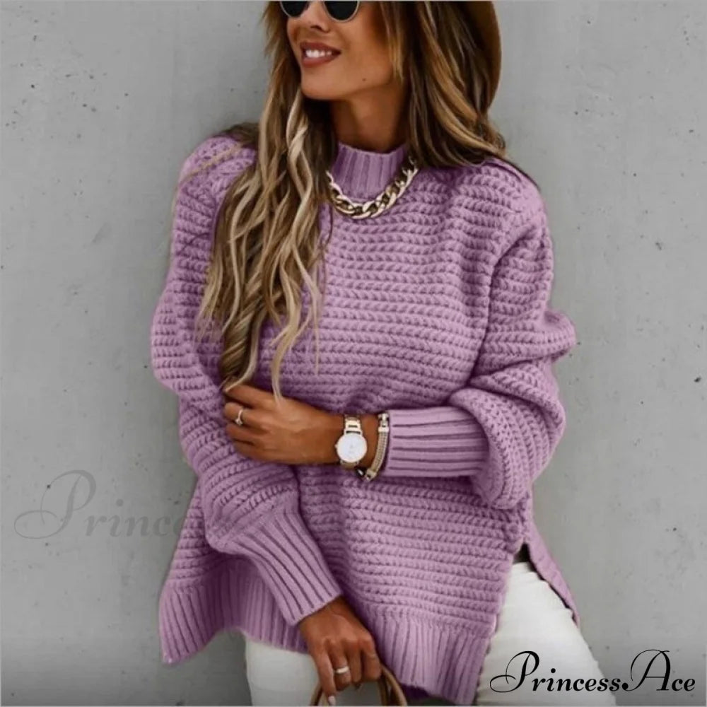 Knitted Casual O Neck Long Sleeve Fashion Sweater 02 Purple / S Sweaters-L