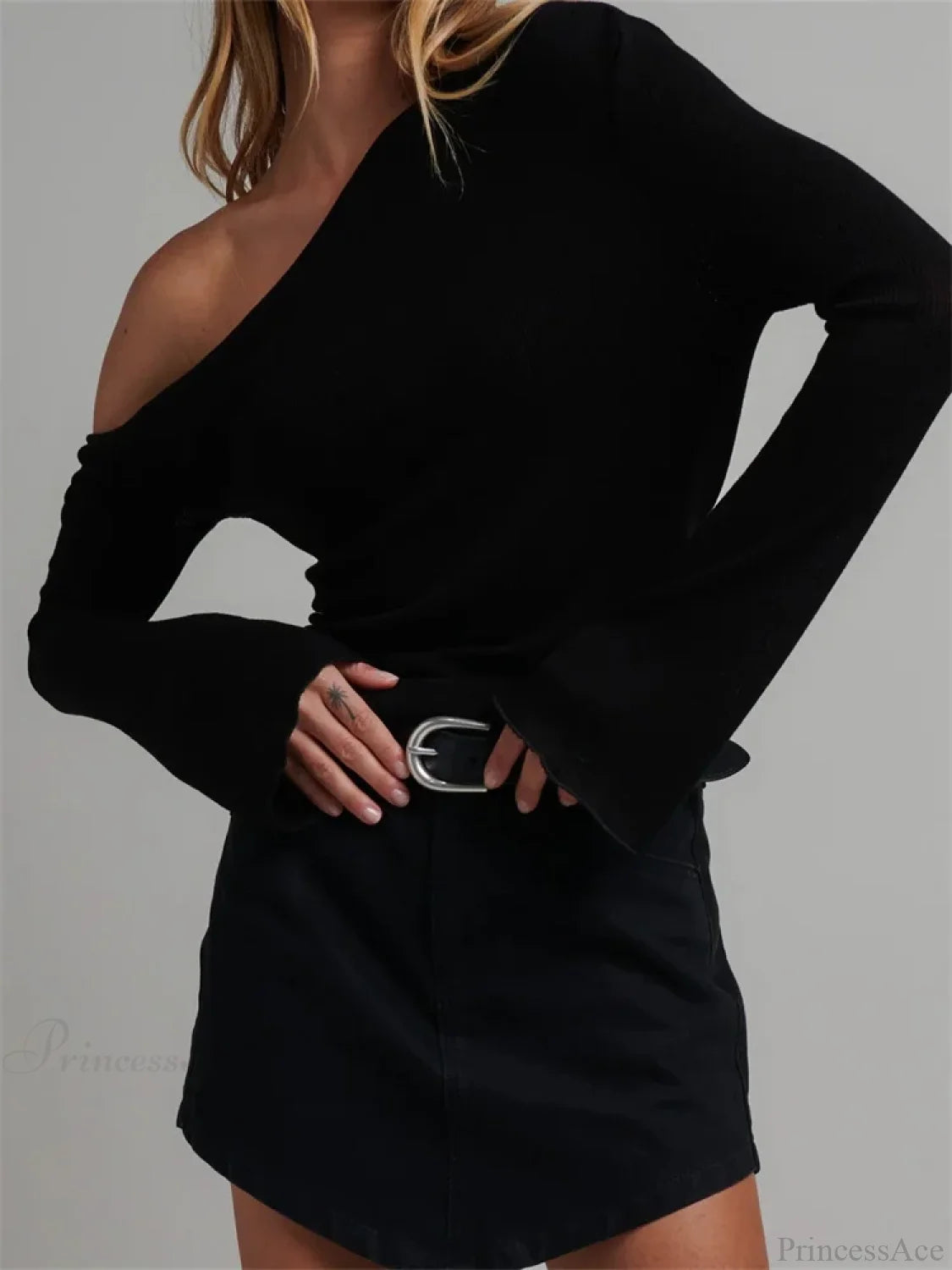 Knitted Long Flare Sleeve Solid Slim Fit T-Shirts Off Shoulder Black / S