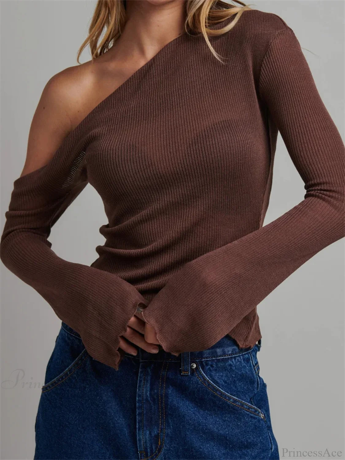 Knitted Long Flare Sleeve Solid Slim Fit T-Shirts Off Shoulder Brown / S