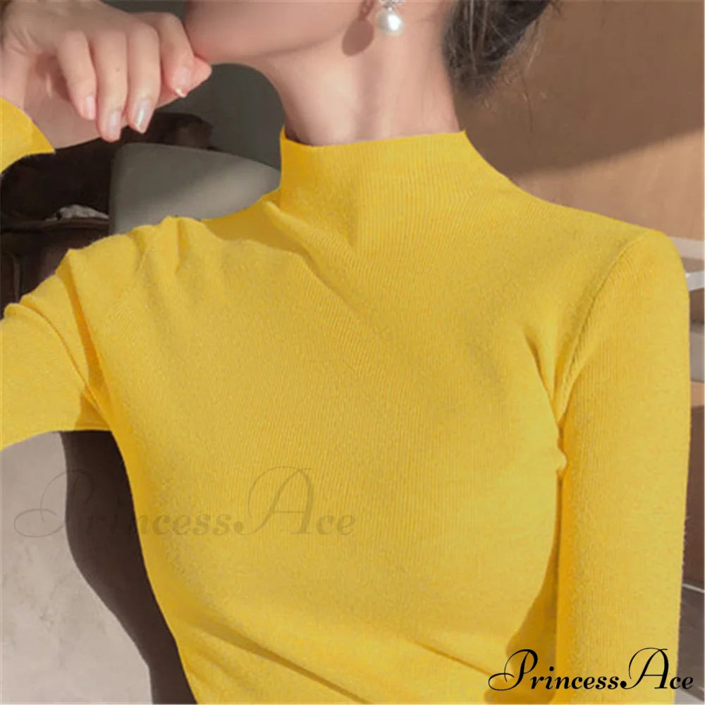 Knitted Turtleneck Pullovers Top Yellow / One Size