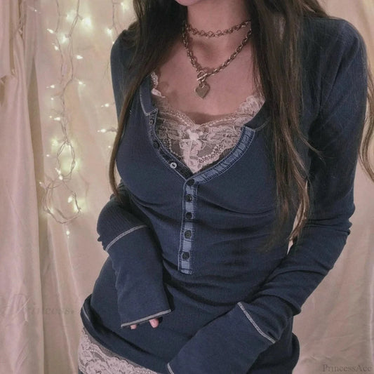 Korean Retro Ribbed Knit T-shirt Button Up Long Sleeve Sweater Women Blue / S knittop-250126