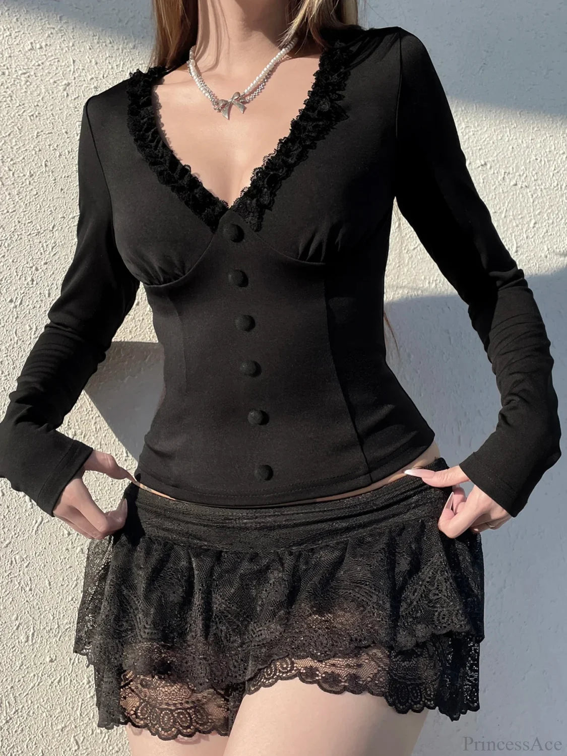 Lace Button Sleeve Knit Top