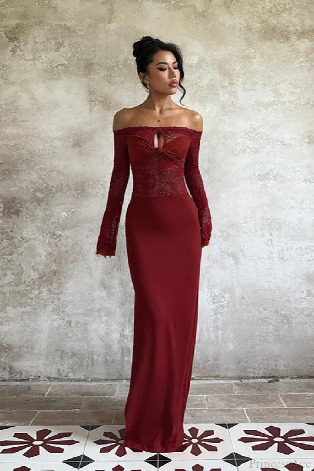 Lace Off Shoulder Elegant Bodycon Maxi Dress
