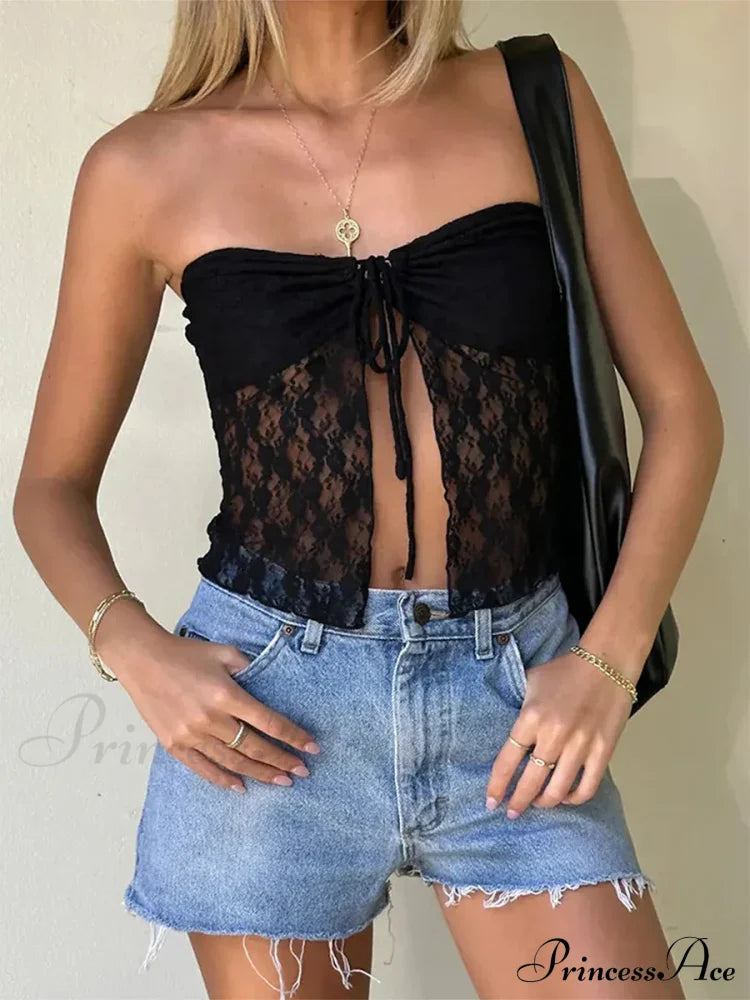Lace Off-Shoulder Sleeveless Backless See-Through Stylish Elegant Chic Crop Top