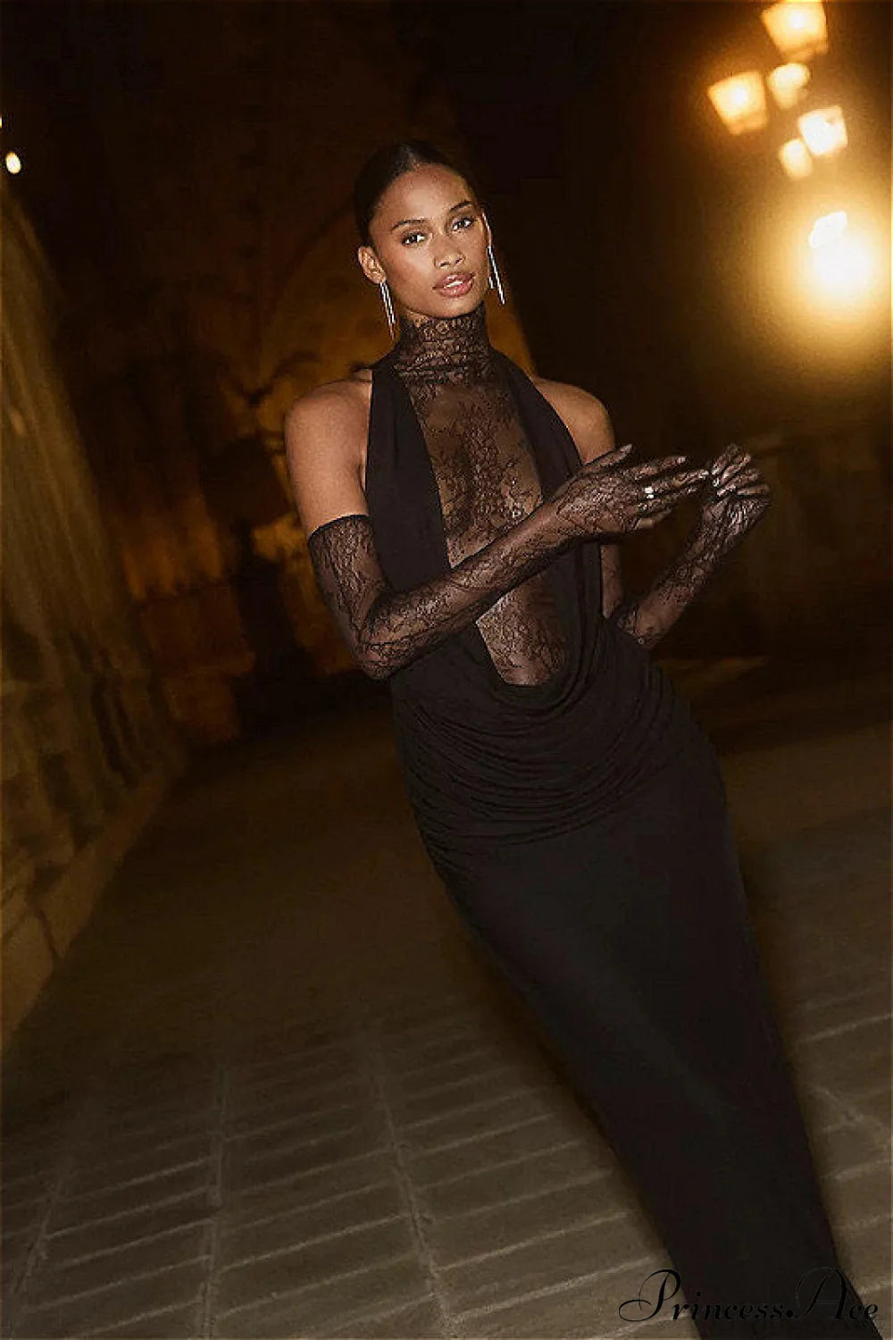 Lace Panel Halterneck Deep V Ruched Party Dress Black / XS