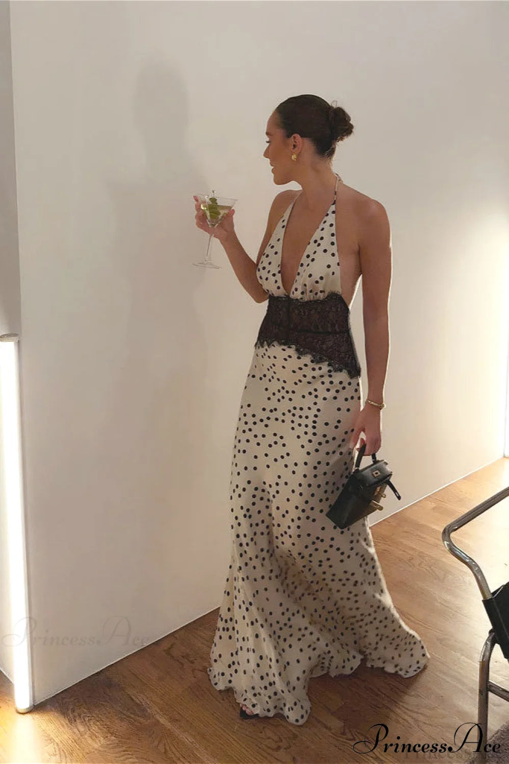 Lace Panel Polka Dot Eyelet Slip Maxi Dress