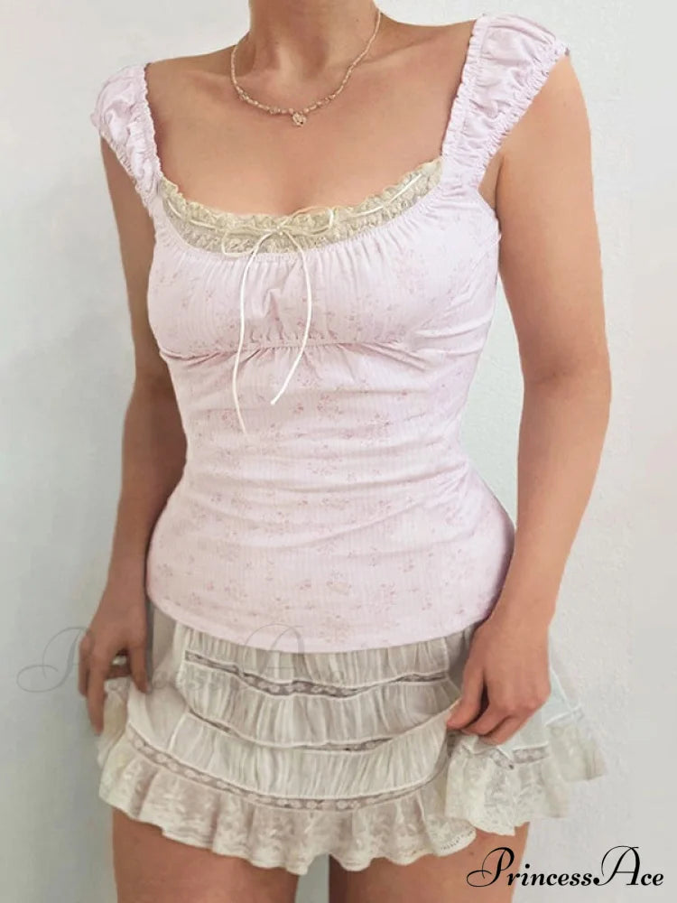 Lace Paneled Graceful Denim Corset Top Pink / S Tank Tops&Camis