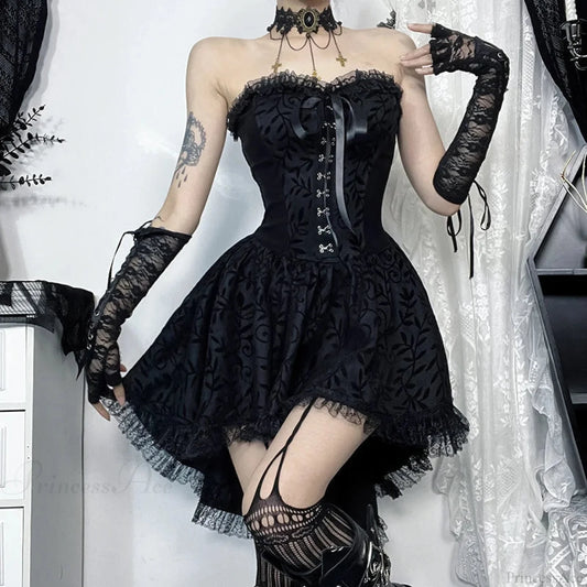 Lace Patchwork Corset Mini Dress Black / S