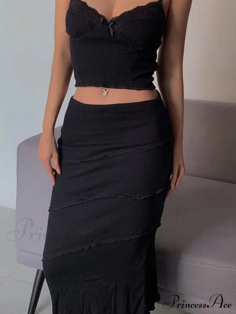 Lace Trim Ribbed Trendy Knit Crop Cami Top Black / S Two-Piece Outfits