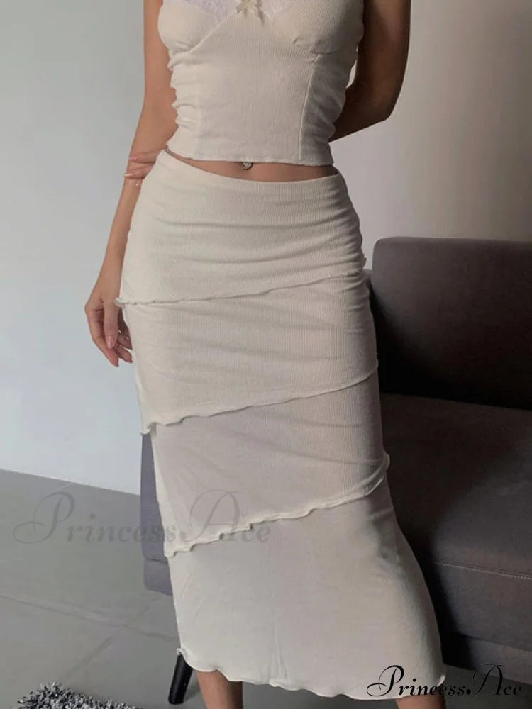 Lace Trim Ribbed Trendy Knit Crop Cami Top Two-Piece Outfits