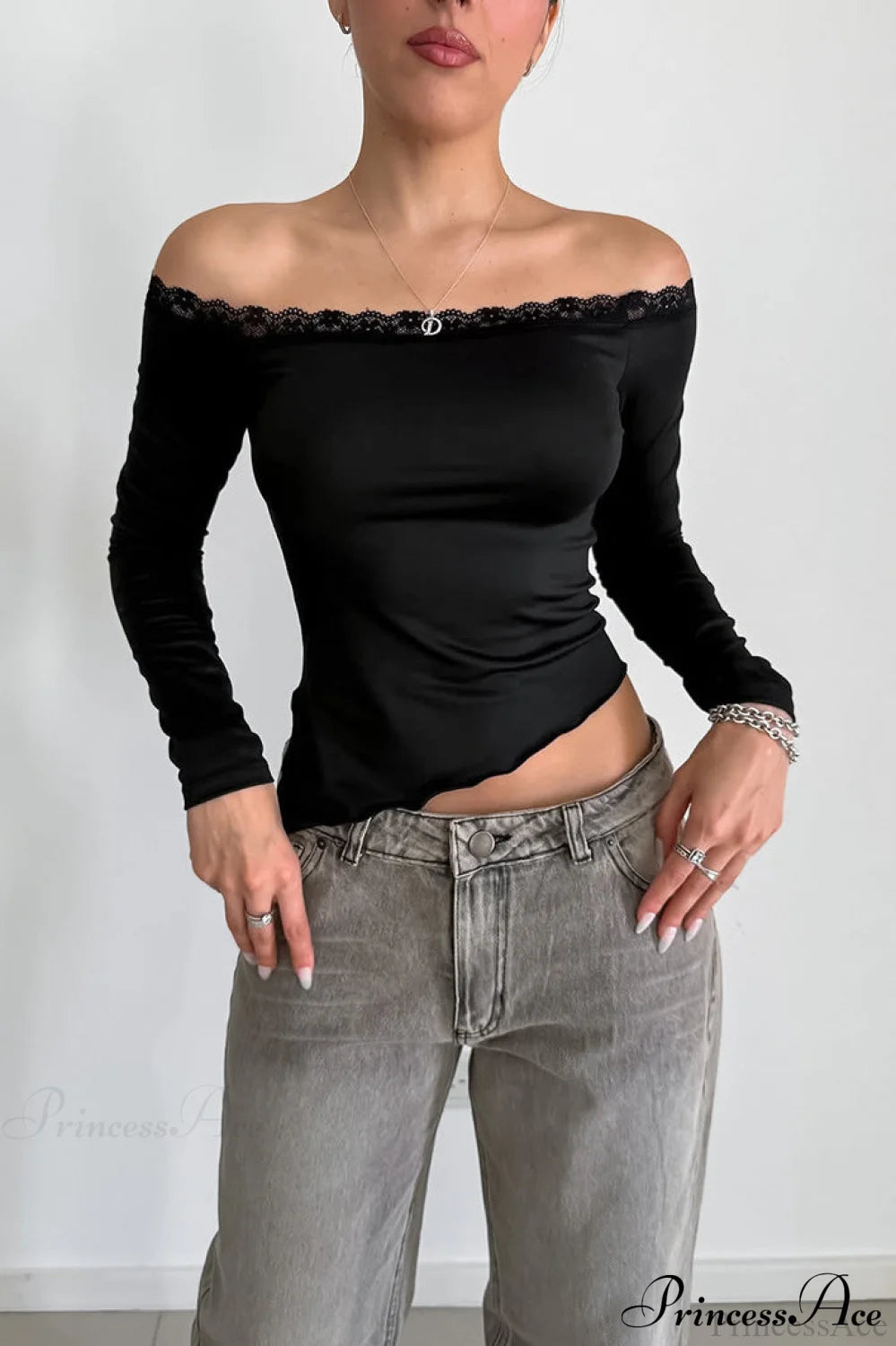 Lace Trimmed Off Shoulder Slim Long Sleeve Tee Black / S