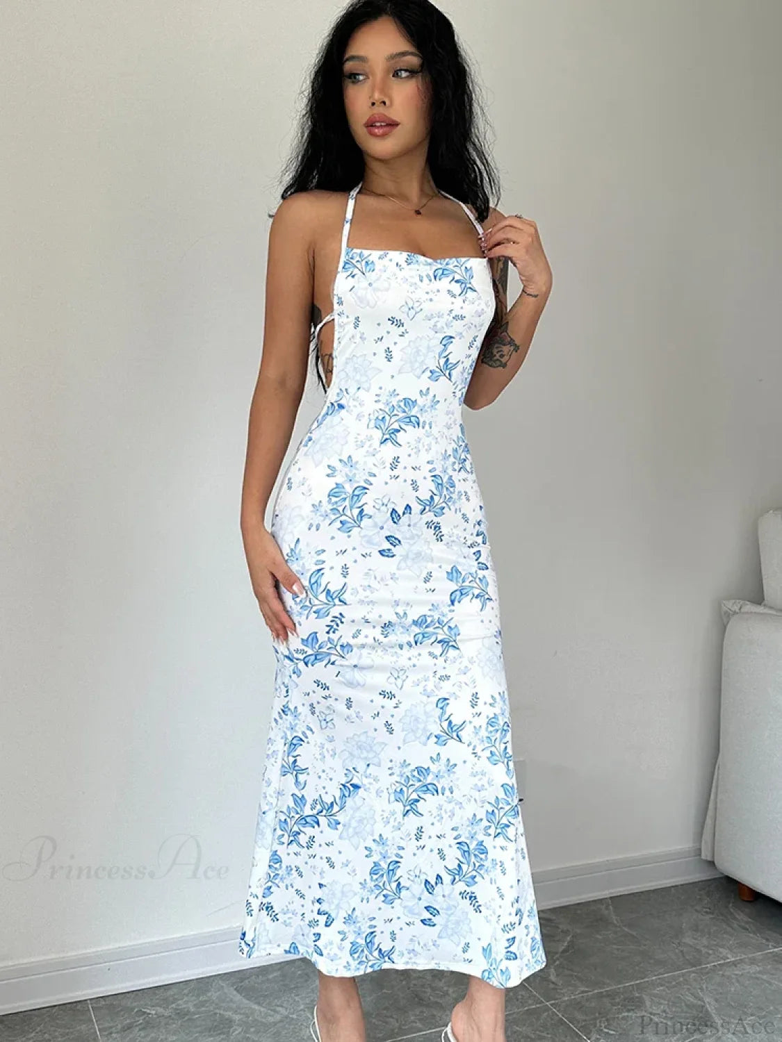 Lace-Up Halter Floral Backless Bodycon Dress Light Blue / S floraldress-250126