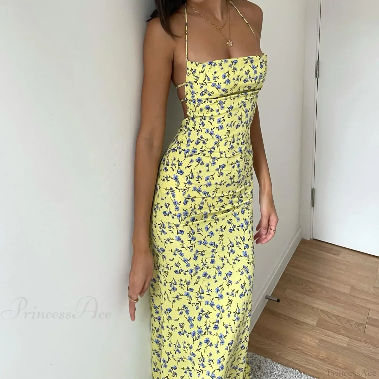 Lace-Up Halter Floral Backless Bodycon Dress Yellow / S floraldress-250126