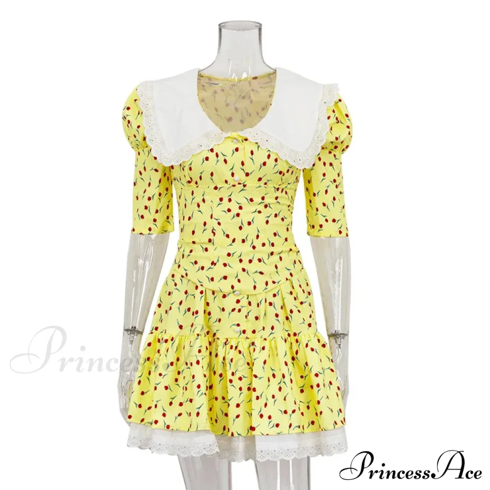 Lace-Up Slim Luxury Lace Turn Collar Short Sleeve Folds Es Femme Party Retro Lady Floral Dress