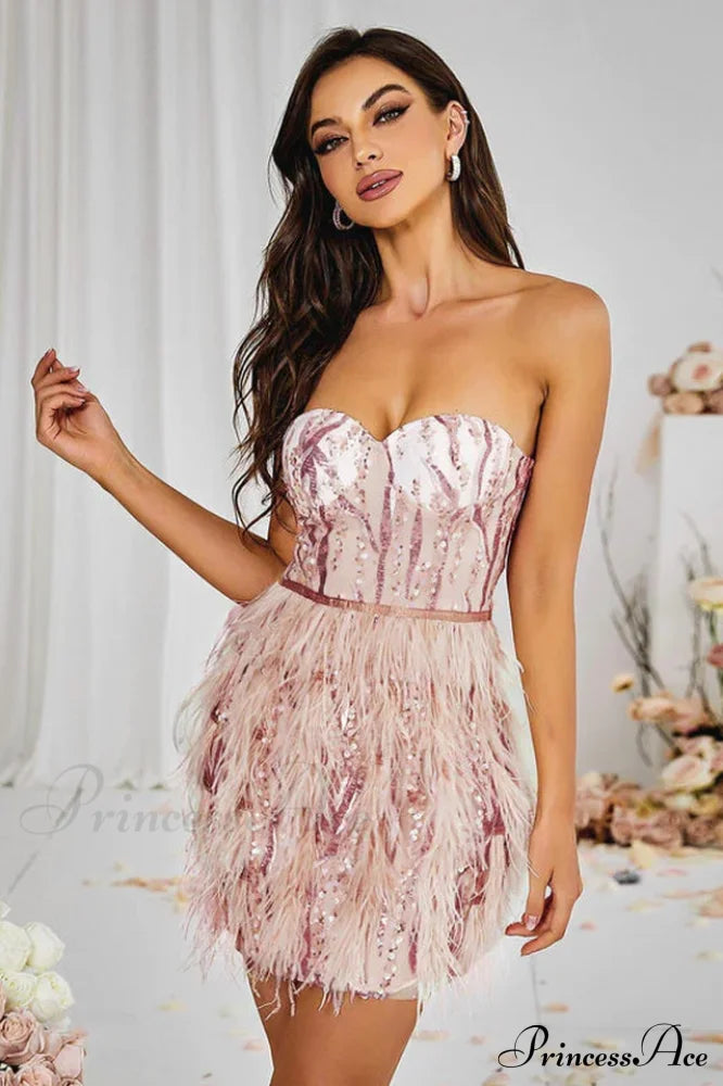 Lalia Pink Sequin Charming Feather Mini Dress