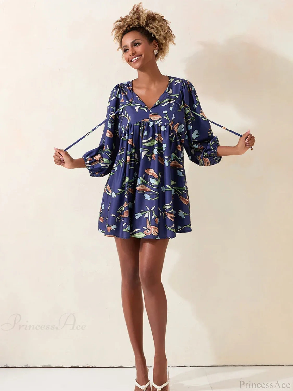 Lantern Sleeve Loose Floral Tied Bodydoll Short Floral Dress floraldress-250126