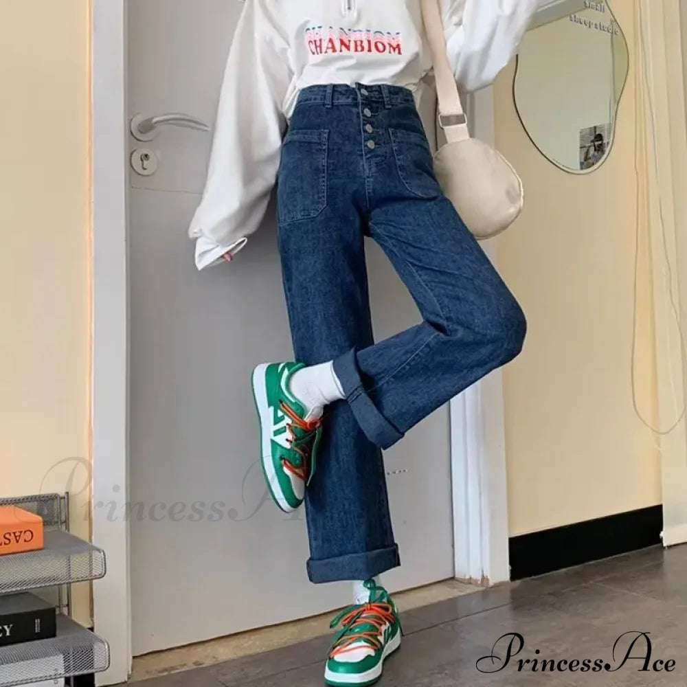 Large Fat Mm Loose Draping Irregular Button Straight Leg Long Trendy Jean