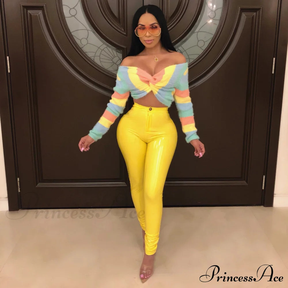 Latex Faux Pu Leather Pants Trousers Yellow / S