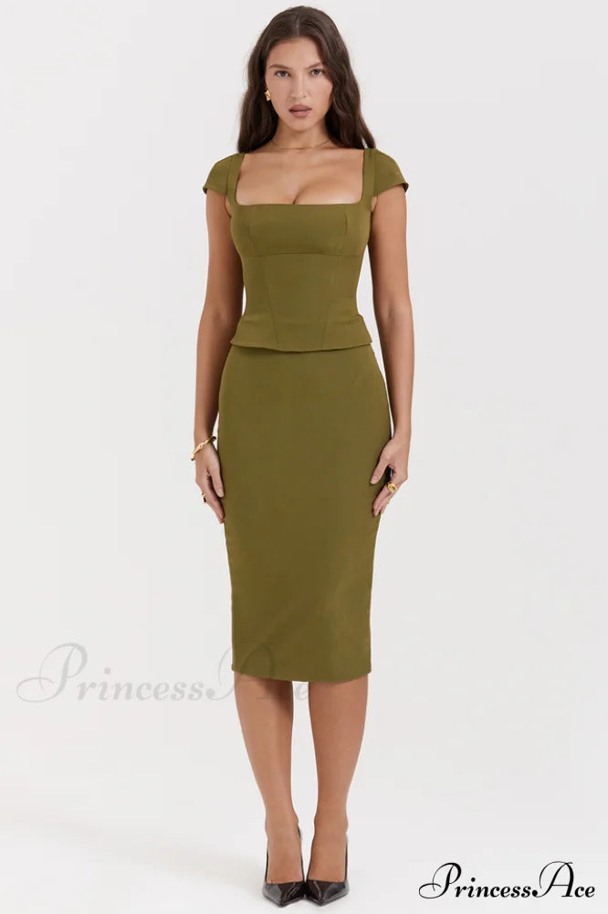 Layana Olive Stylish Corset Midi Dress S /