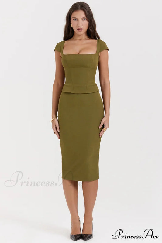 Layana Olive Stylish Corset Midi Dress S /