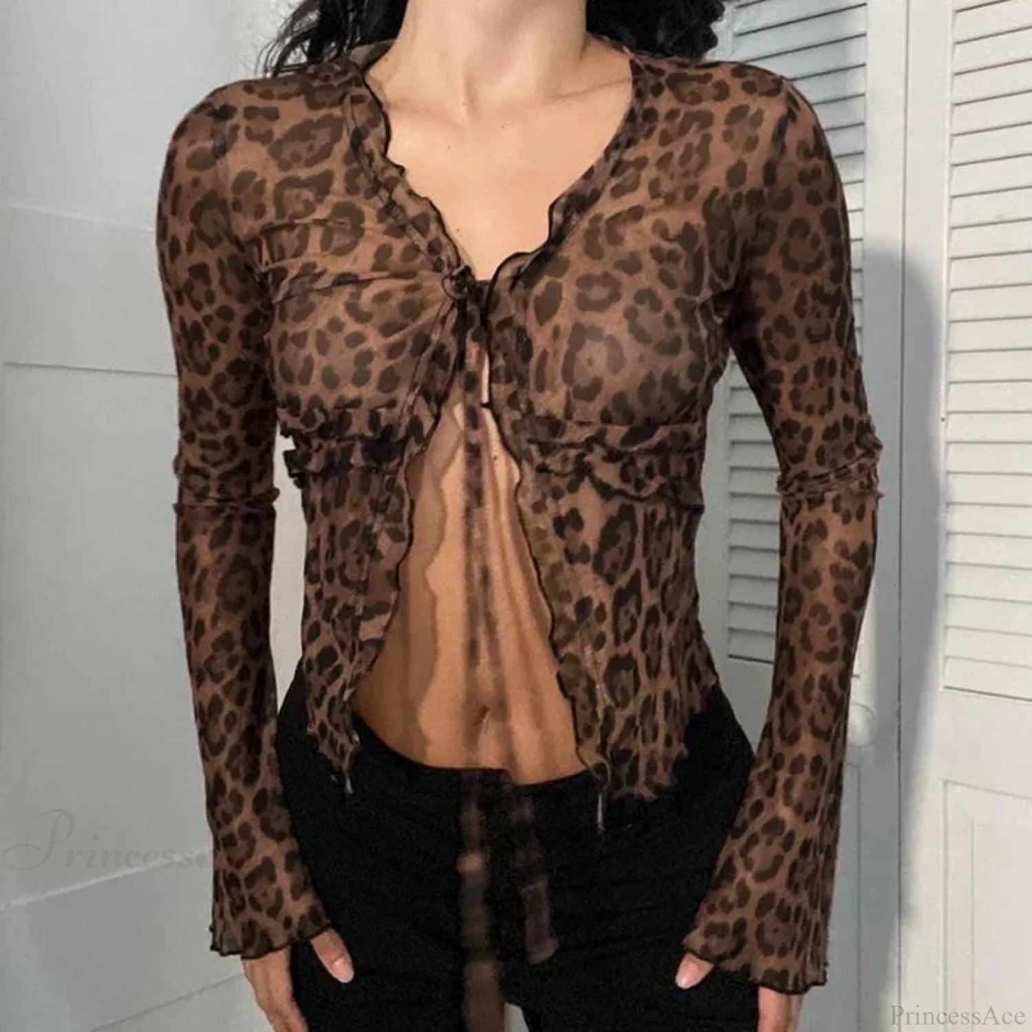 Leopard Mesh Knit Top Brown / S
