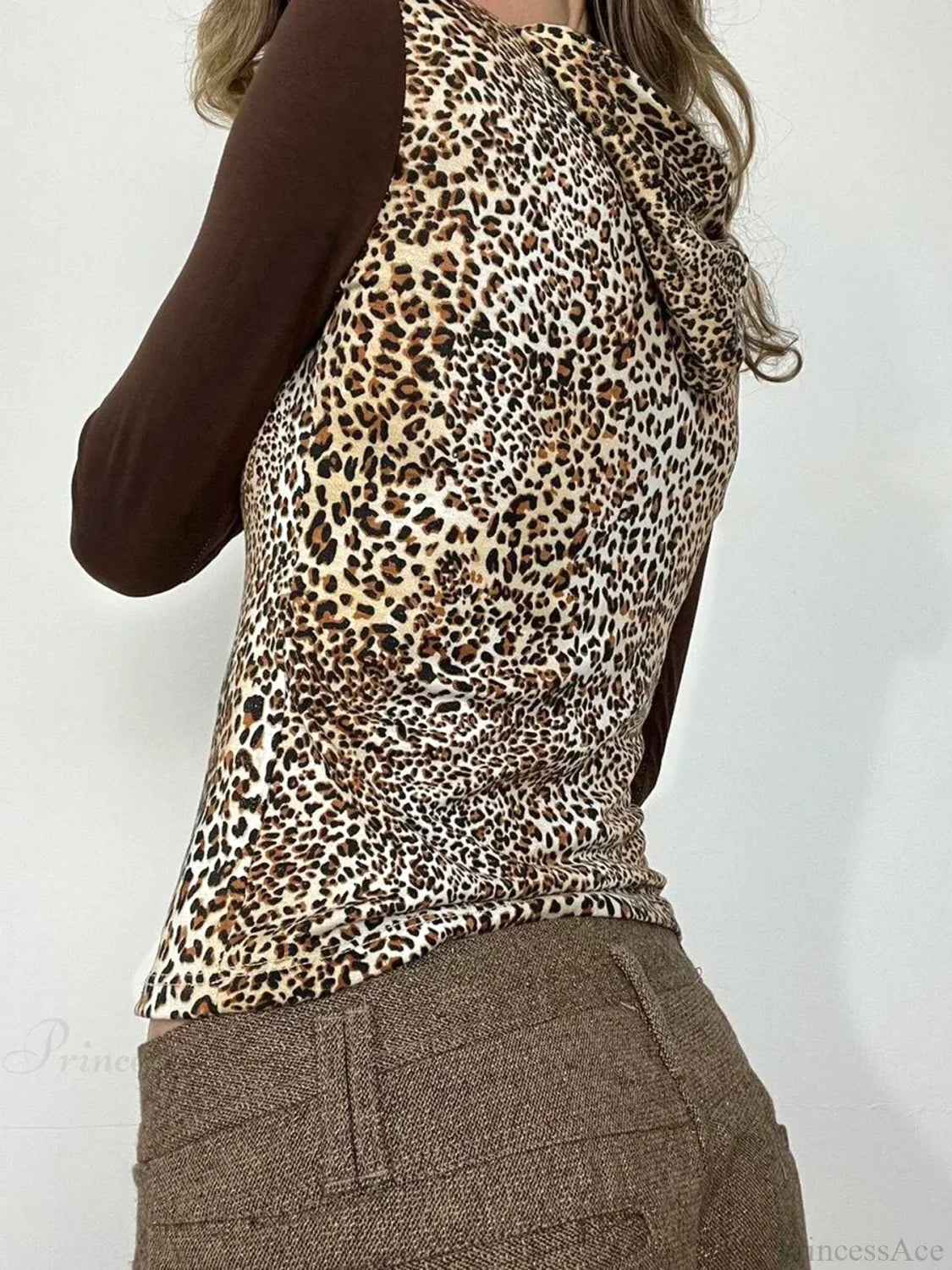 Leopard Patchwork Hooded Slim V-Neck Long Sleeve Knit Top knittop-250126