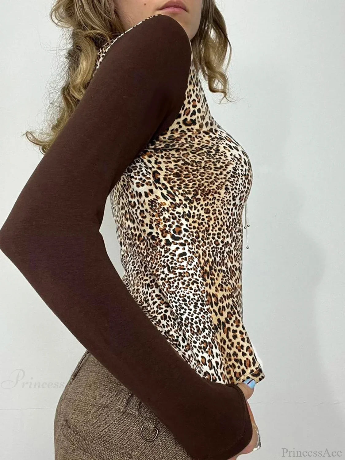 Leopard Patchwork Hooded Slim V-Neck Long Sleeve Knit Top knittop-250126