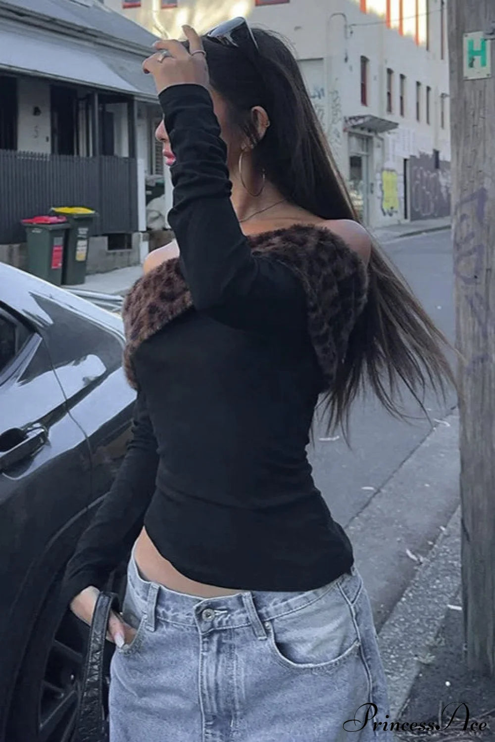 Leopard Print Fitted Off Shoulder Long Sleeve Crop Top