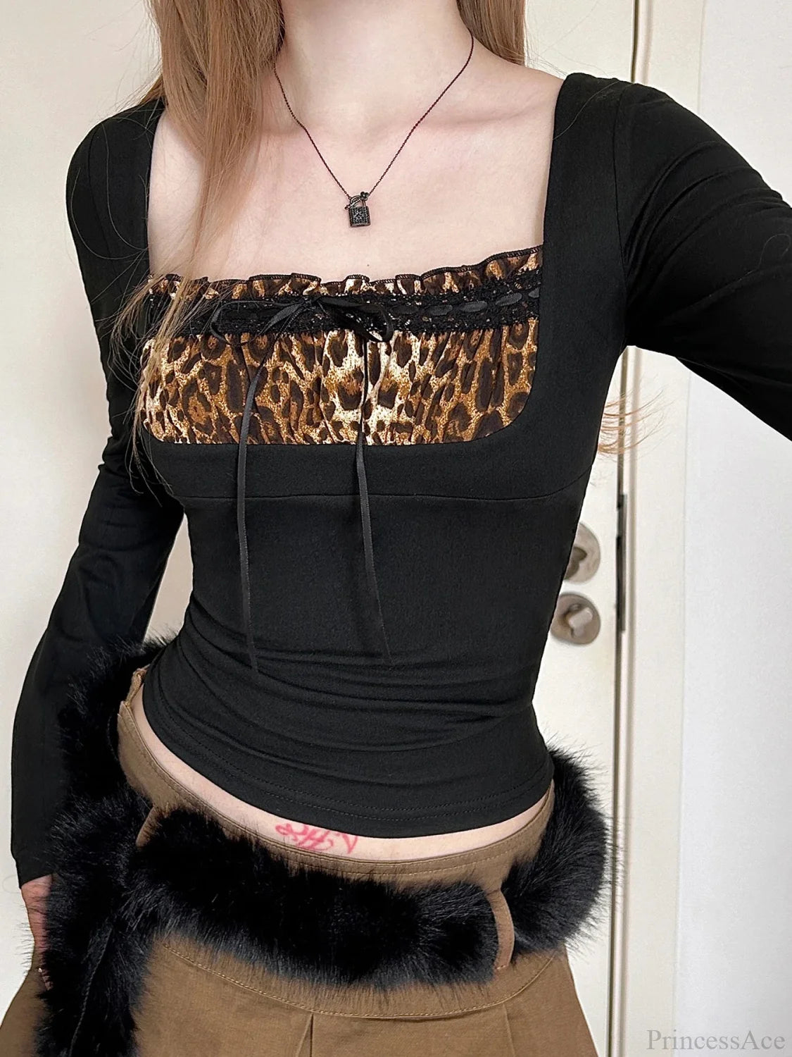 Leopard Square Collar Knit Top