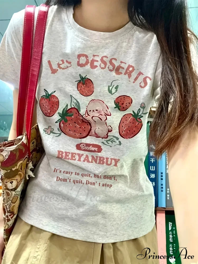 Les Dessert Strawberry & Graceful Letter Print Short Sleeve T-Shirt