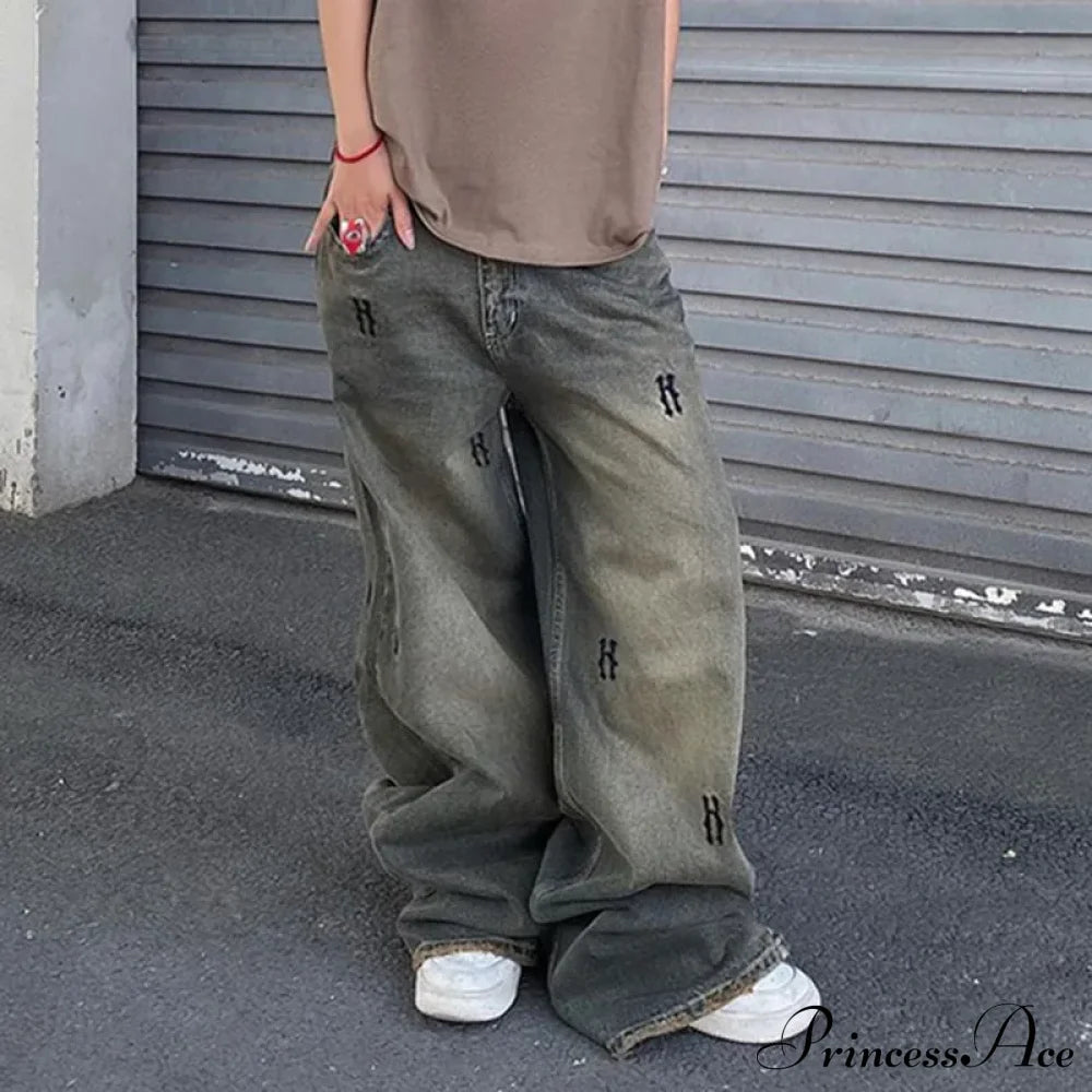 Letter Straight Wide Leg Denim Low Waist Vintage 2024 Oversized Hip Hop Harajuku Cargo Jean