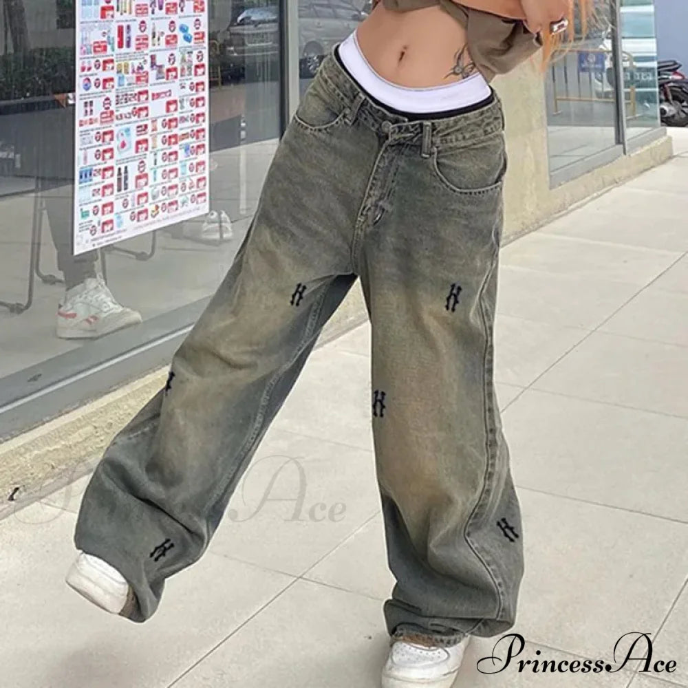 Letter Straight Wide Leg Denim Low Waist Vintage 2024 Oversized Hip Hop Harajuku Cargo Jean