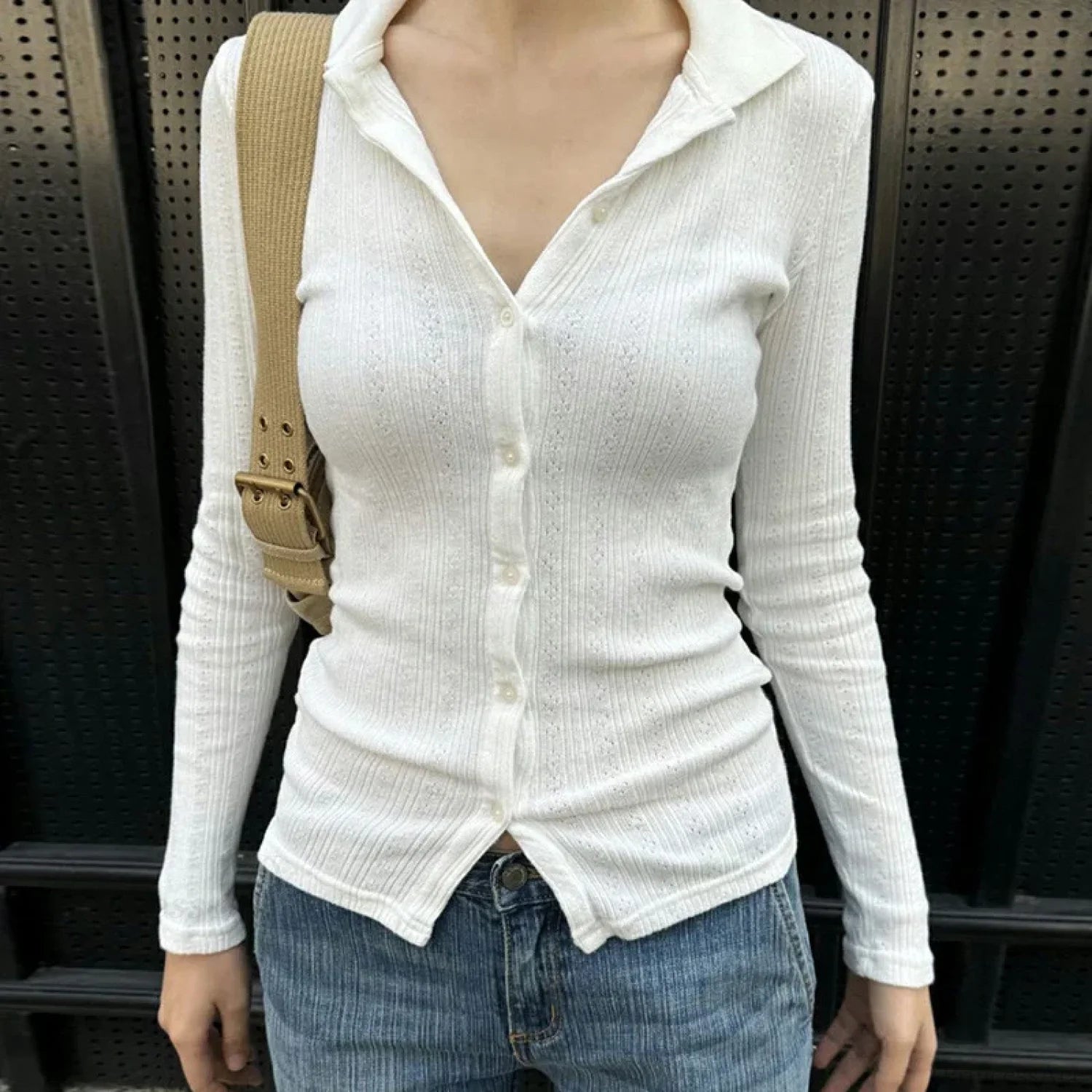 Lightweight Knitted Cardigan Solid Color Button-down Knit Top WHITE / S knittop-250126