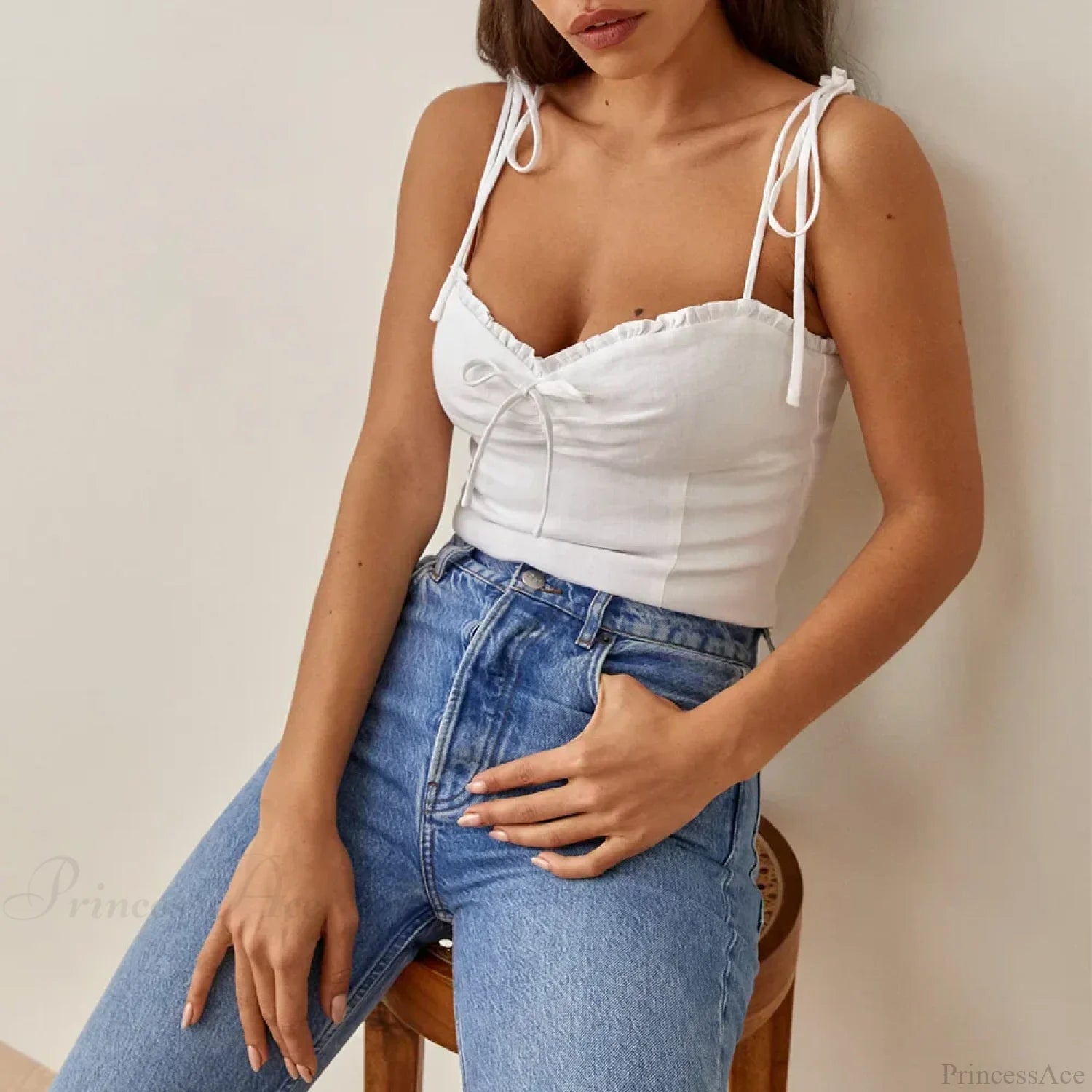 Linen Plaid Sweetheart Bow Tie Frill Spaghetti Strap Crop WHITE / S croptop-250126