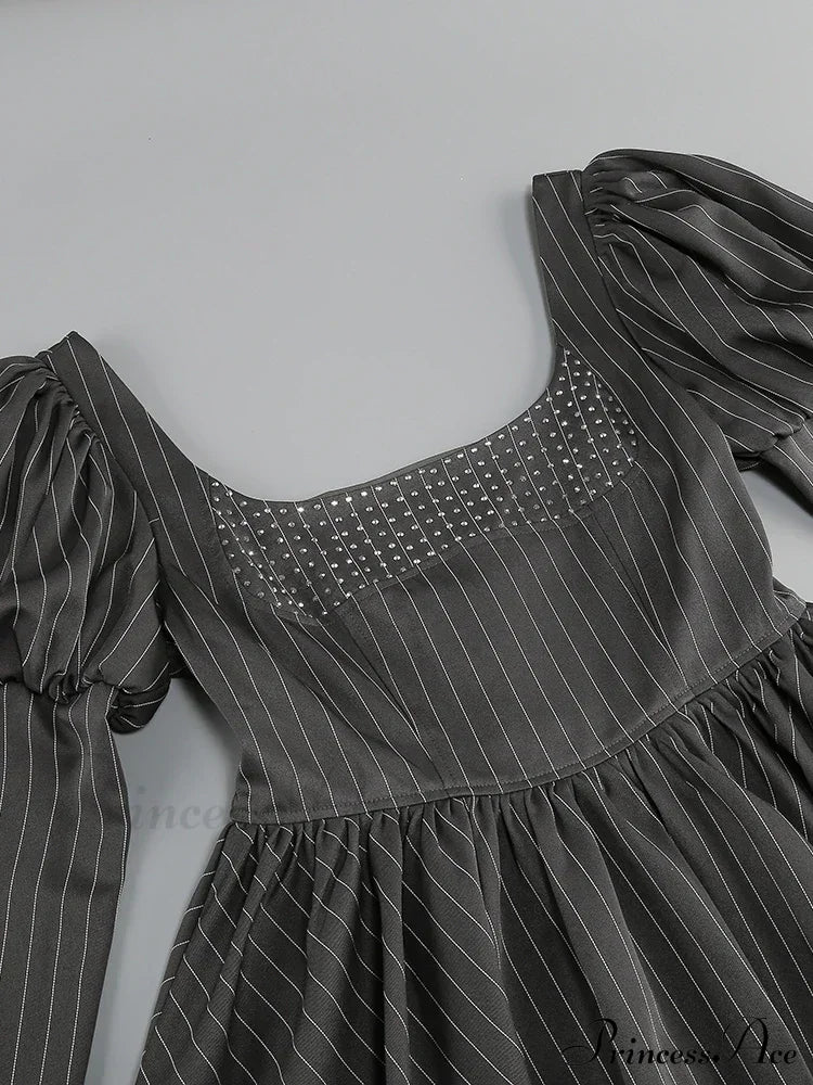 Long Puff Stripe Charming Sleeve Mini Dress Lace-Up