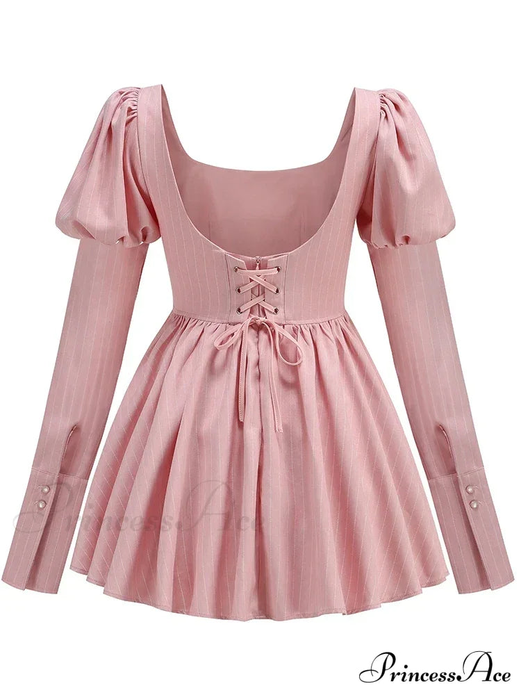 Long Puff Stripe Charming Sleeve Mini Dress Lace-Up