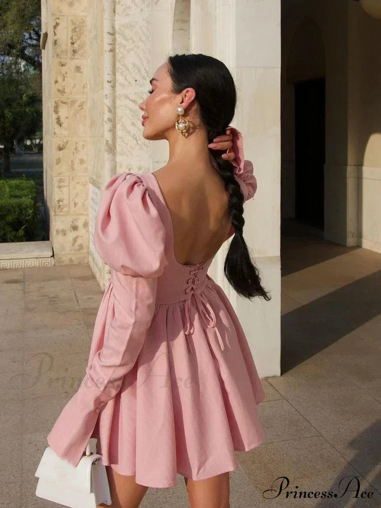 Long Puff Stripe Charming Sleeve Mini Dress Lace-Up