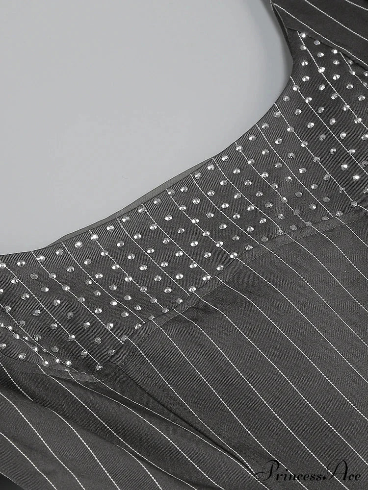 Long Puff Stripe Charming Sleeve Mini Dress Lace-Up