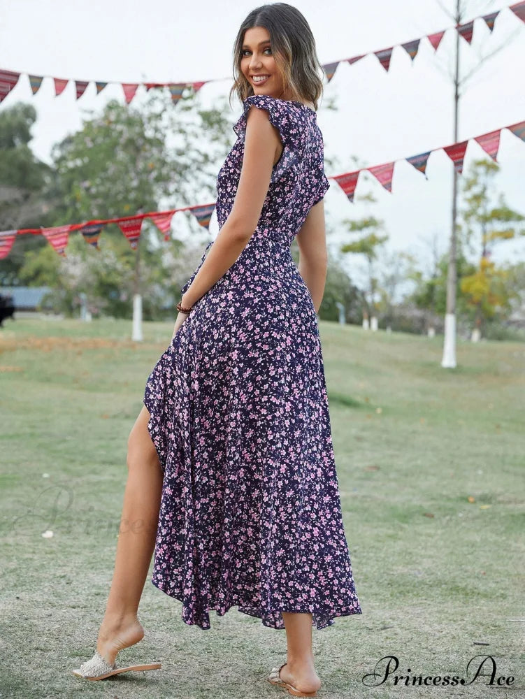 Lotus V-Neck Warm-Season Gown Coastal Low Sleeves Flowered High Straps Tank Foliage Dress L /