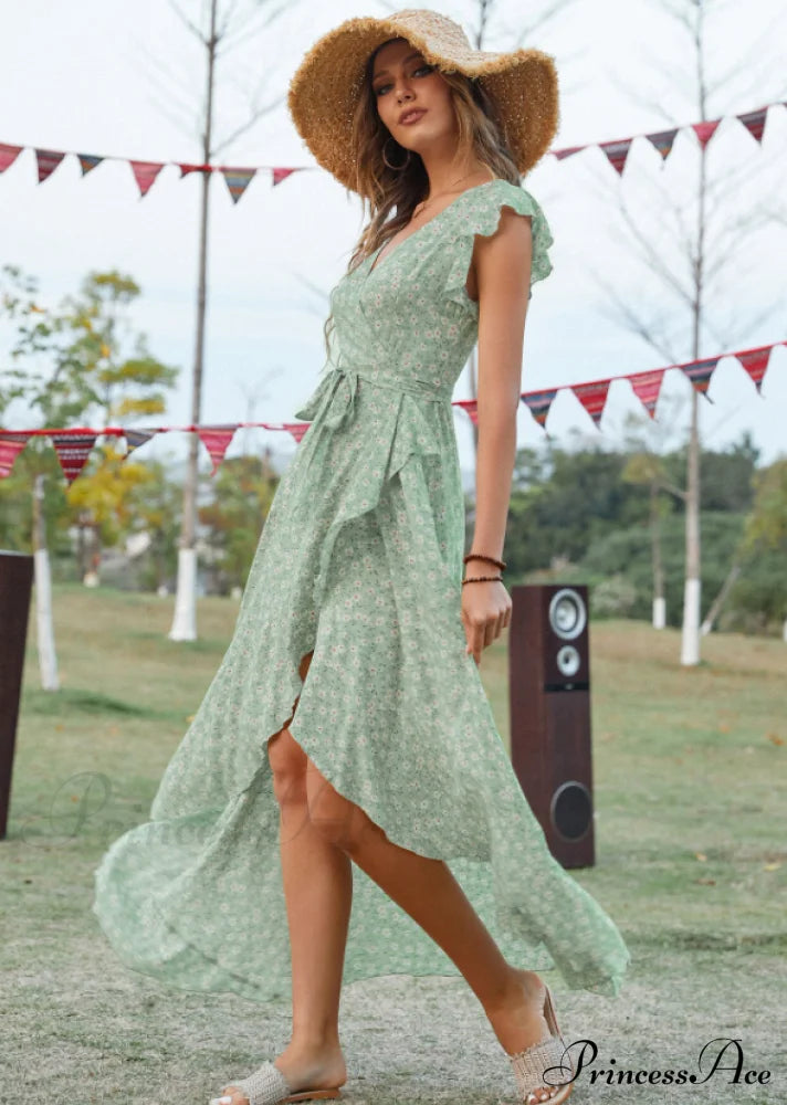 Lotus V-Neck Warm-Season Gown Coastal Low Sleeves Flowered High Straps Tank Foliage Dress S /