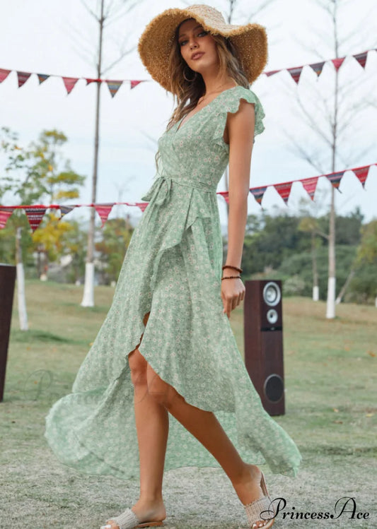 Lotus V-Neck Warm-Season Gown Coastal Low Sleeves Flowered High Straps Tank Foliage Dress S /