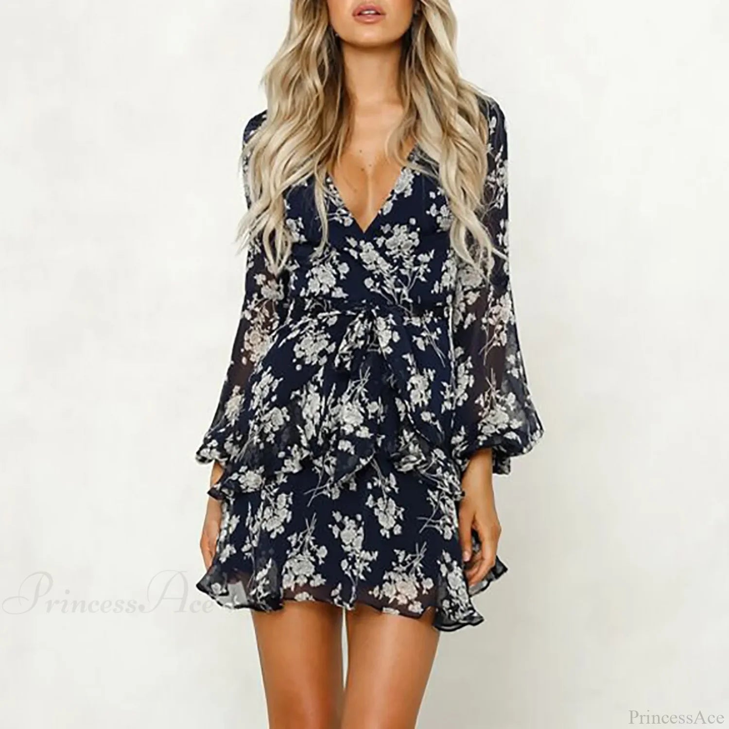 Low Cut V-Neck Bohemian Lace-Up Floral Dress Blue / S floraldress-250126
