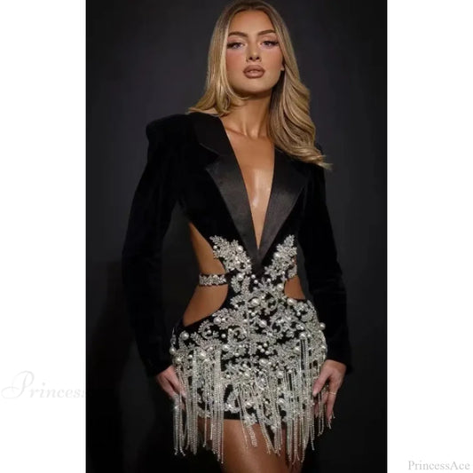 Luxury Diamonds Tassel Sexy Hollow Notched Black Mini Dress Evening Party Christmas Xs Dresses-L