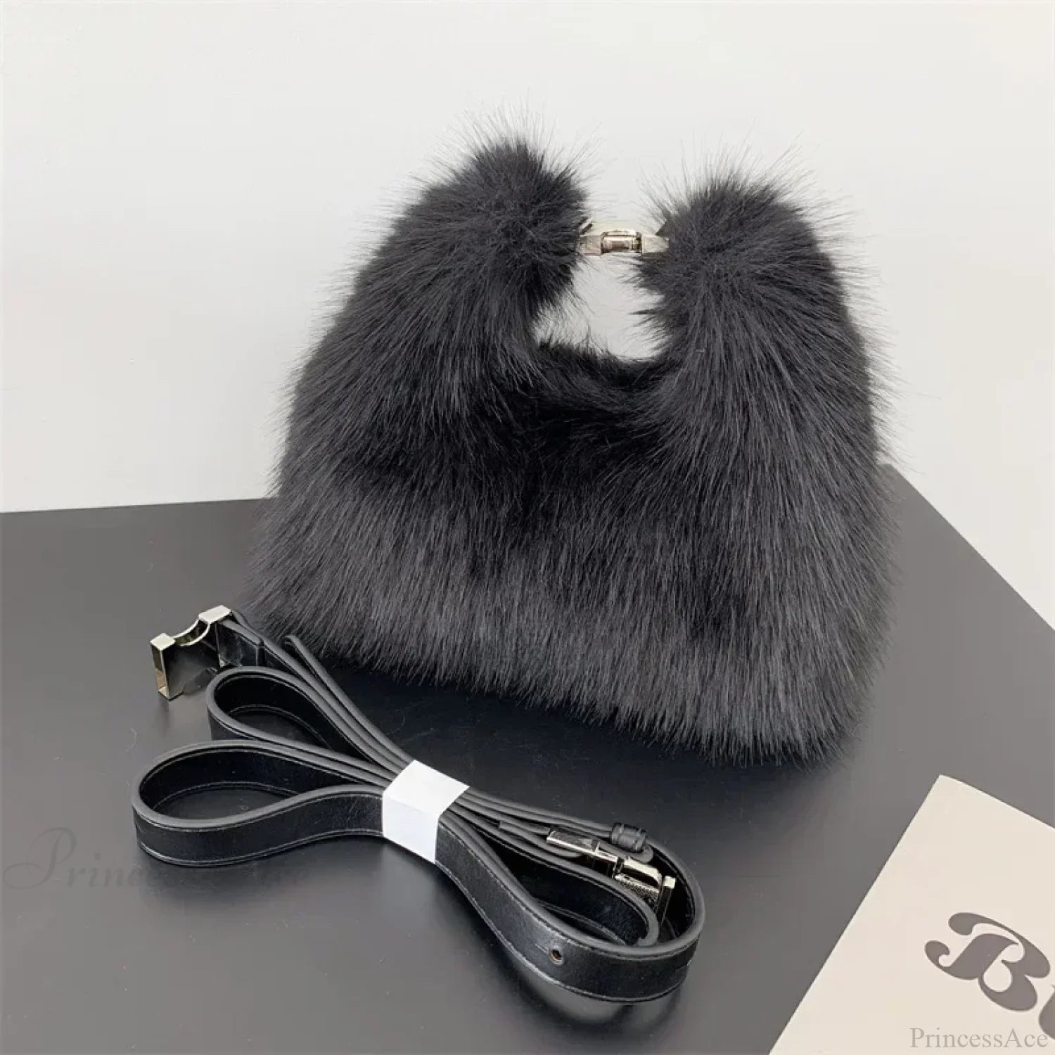 Luxury Faux Fur Plush Evening Clutch Crossbody Handbag Black handbag-250126