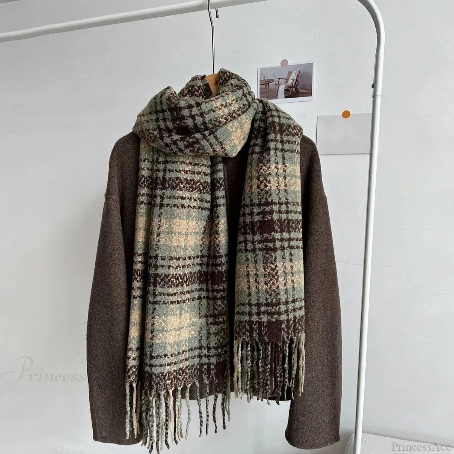 Luxury Plaid Cashmere Long Bandana Pashmina Scarf For Women Light Blue - Brown Scarfs-L