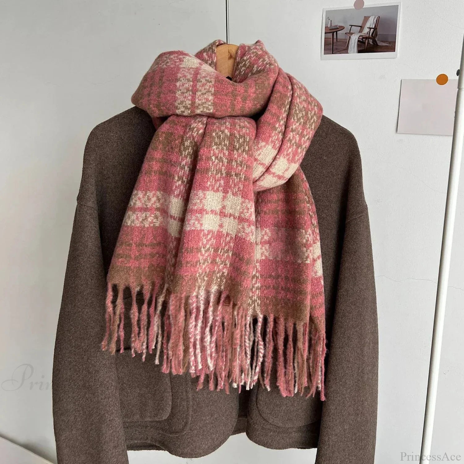 Luxury Plaid Cashmere Long Bandana Pashmina Scarf For Women Pink 1 Scarfs-L