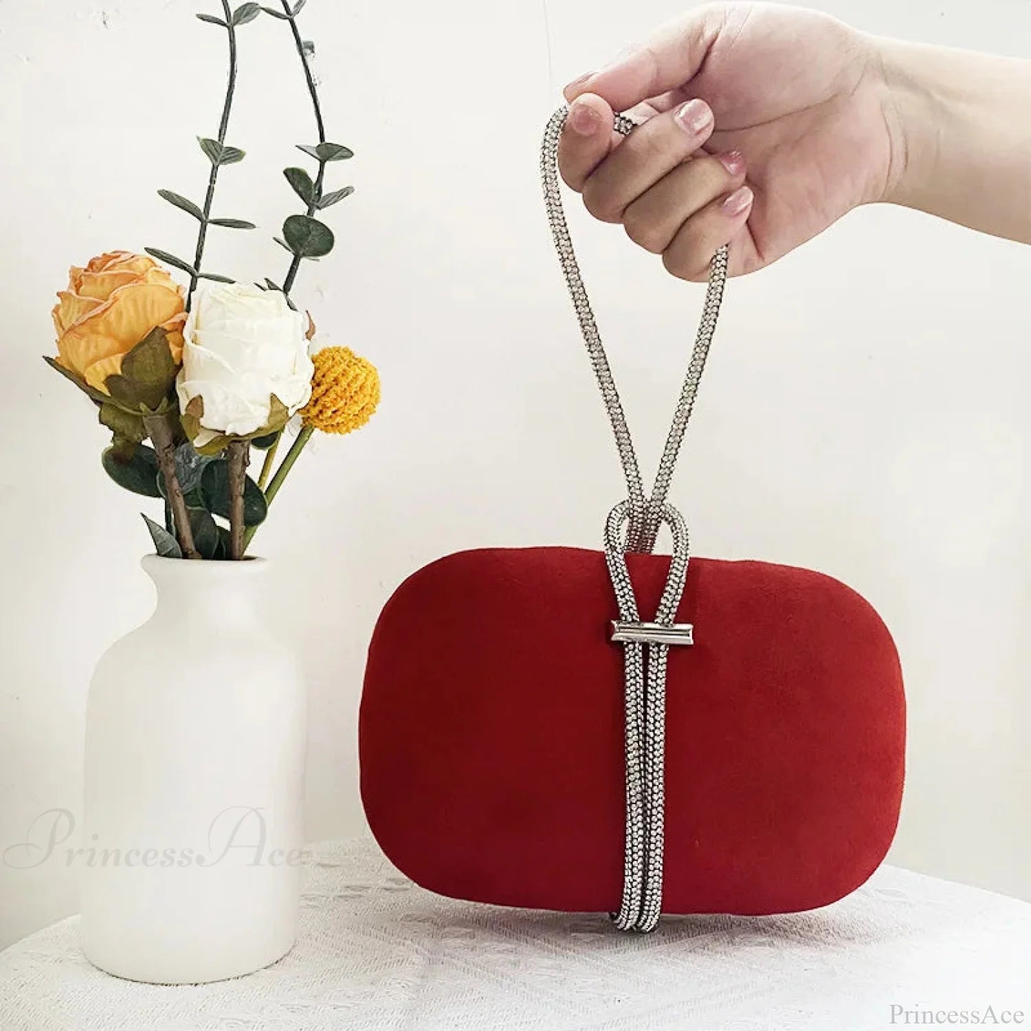 Luxury Red Velvet Crystal Handle Evening Wedding Tote Handbag clutchbag-250126