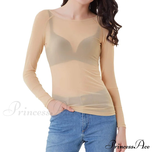 Women's Long Sleeve Sheer Mesh Sheer Top Nude __stock:200 clothes refund_fee:800 tops